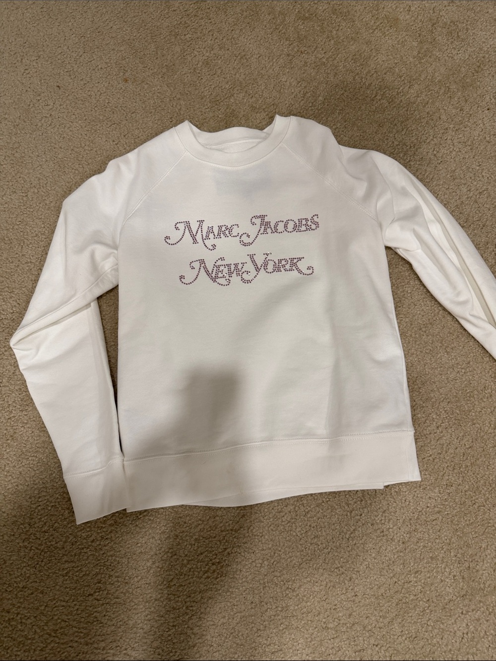 Marc Jacobs White Crewneck Sweater with Pink Crystal Logo
